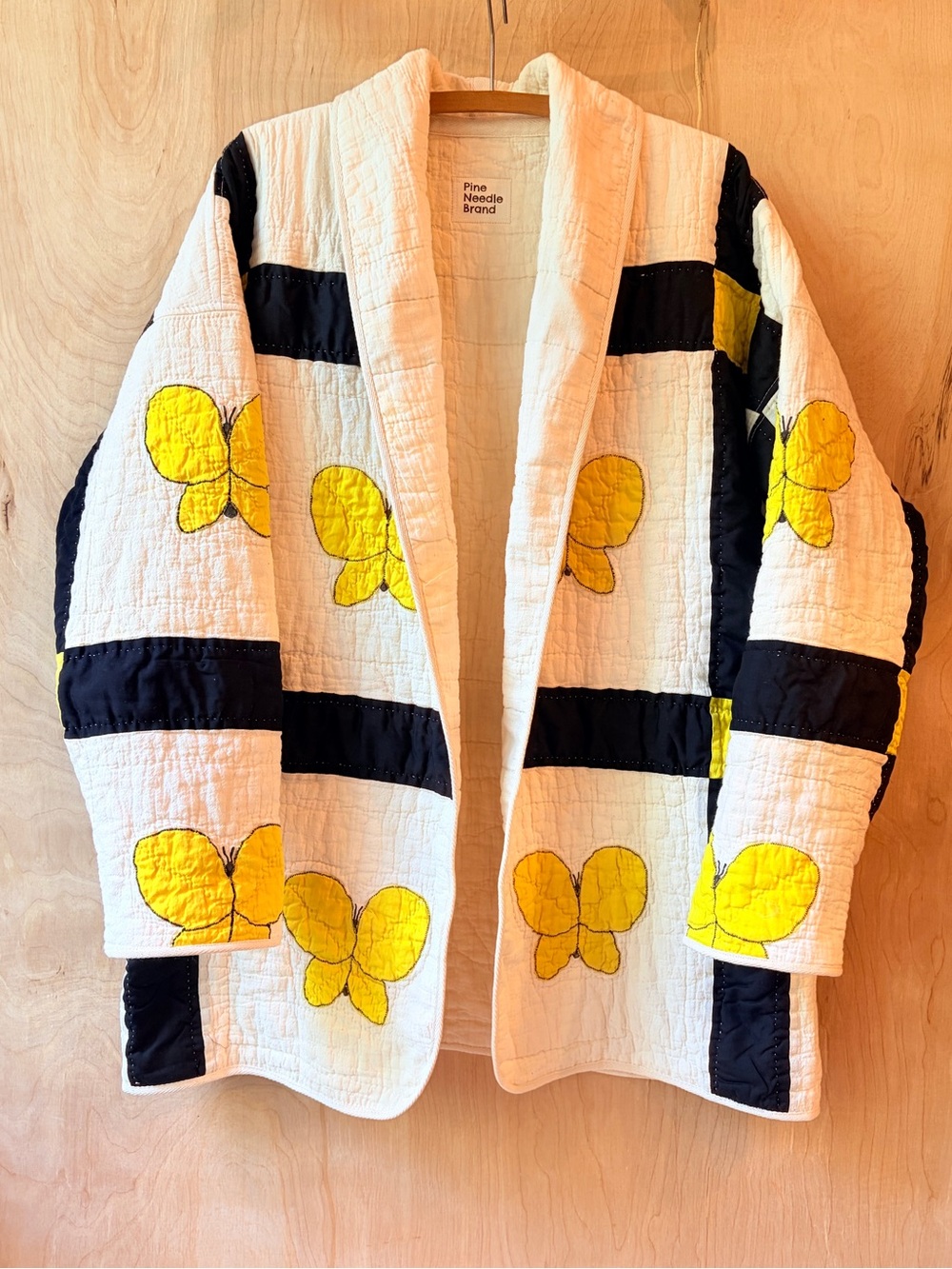 Women’s Handmade White Quilted Jacket with Yellow Butterfly Appliqué